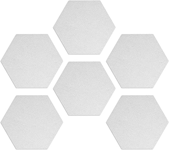 Navaris Hexagon Felt Board Tiles - Set of 6 Notice Memo Bulletin Boards with Push Pins Pack 5.9 x 7 inches (15 x 17.7 cm) - White