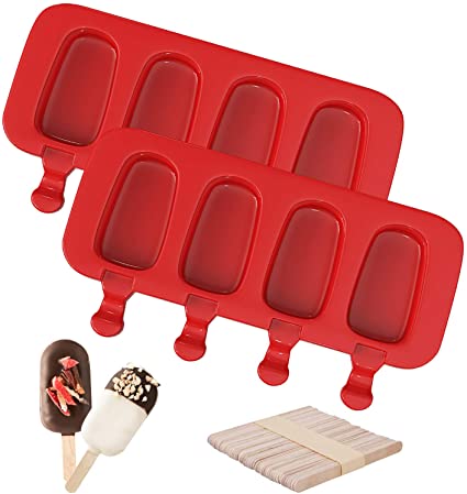 Ouddy Popsicle Molds, Set of 2 Silicone Ice Pop Molds 4 Cavities Homemade Ice Cream Mold Oval with 50 Wooden Sticks for DIY Ice Cream - Red