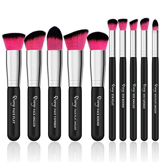 Qivange Makeup brushes, Kabuki Foundation Blending Eyeshadow Makeup Brush Set(Black with Red,10pcs)