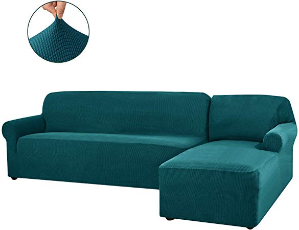 CHUN YI 2 Pieces L-Shaped Right Chaise Sofa Slipcovers Soft Jacquard Stretch Sectional Sofa Couch Cover Protector L Shape Corner Sofa Cover Set for Living Room(X-Large,Teal)
