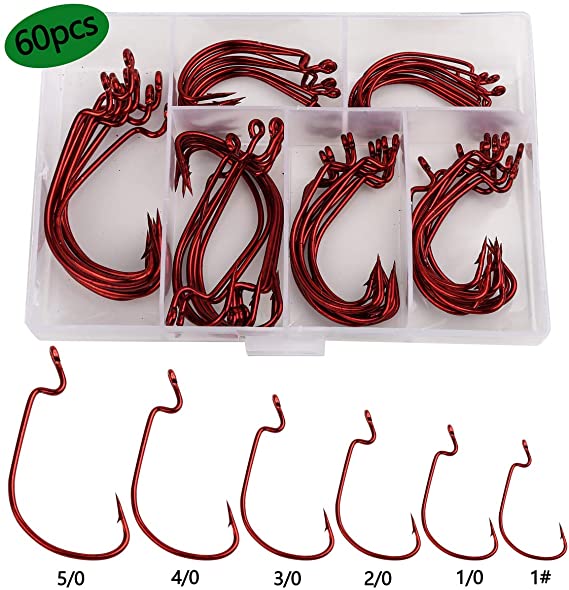 Bright starl 60pcs Offset Worm Hook High Carbon Steel Wide Gap Bait Jig Fish Hooks with Plastic Box #1-5/0