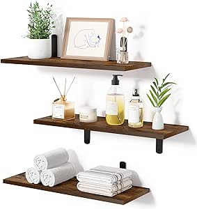 upsimples Floating Shelves for Wall Decor Storage, Wall Mounted Shelves Set of 3, Sturdy Small Wood Shelves with Metal Brackets Hanging for Bedroom, Living Room, Bathroom, Kitchen, Book, Dark Brown