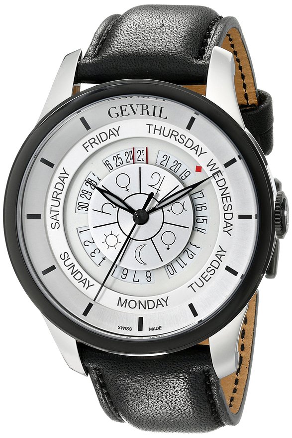 Gevril Men's 2002 Columbus Circle Automatic Stainless Steel Black Hand Made Leather Day Date Watch