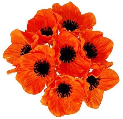 Floral Kingdom 8 pcs Real Touch Anemone Poppy Bouquet for Artificial Flower Decor (Orange)