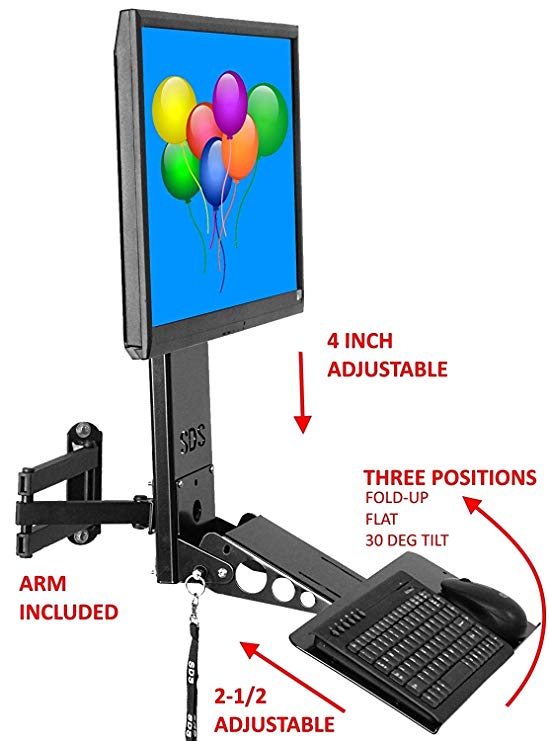 SDS iMount 4.0 Adjustable Keyboard & Monitor Wall Mount w/Tilt, Fold Away 6 Inches from Wall, Extends out 30 inches Adjustable Monitor Height and Keyboard Depth Fits Anyone - Articulating Arm Included