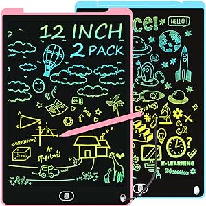 Electight 2 Pack 12 Inch LCD Writing Tablet, Colorful Doodle Scribbler Pad with Lock&Delete Function, Writing Board for Kids Age 2-9 Year Old Girls Boys, Educational Toys - Blue&Pink