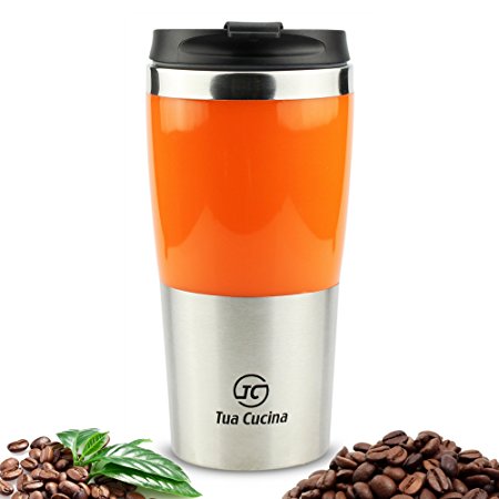 Insulated Travel Coffee Mug,Stainless Steel, Orange Color, Eco Friendly,Safe,Best Mugs to Keep Drinks Hot or Cold, Easy Cleaning Screw Lid 100% BPA Free,Tumbler for Commuting,Traveling or as a Gift