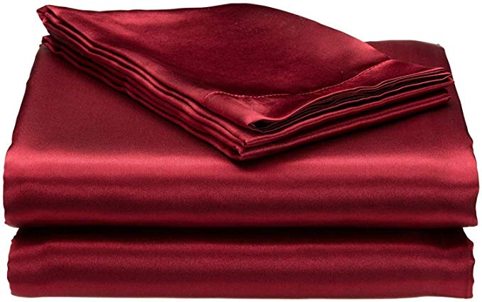 Bedding Emporium 100% Pure Silk Satin Sheet Set 7pcs, Silk Fitted Sheet 15'' Deep Pocket,Silk Flat Sheet,Silk Duvet Cover & Pillowcases Set !!! Queen, Burgundy