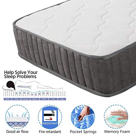 Yaheetech 3FT Single Mattress Pocket Sprung Mattress Single with Memory Foam and Tencel Fabric Medium Firm Feel 22CM Height 9-Zone Orthopaedic Mattress