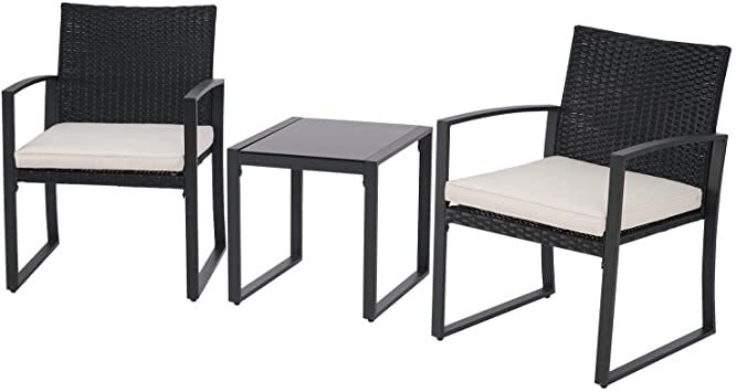 SOLAURA 3 Pieces Patio Furniture Set Outdoor Wicker Conversation Set Modern Bistro Set Black Rattan Balcony Chair Sets with Coffee Table for Yard and Bistro (Beige Cushion)
