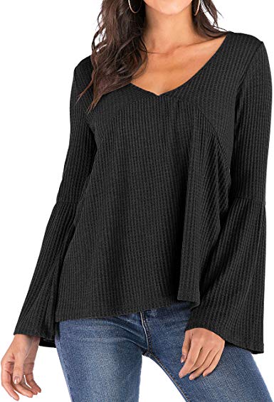 KEEMO Women's Casual V Neck Babydoll Long Bell Sleeve Waffle Knit Pullover Sweater Tops