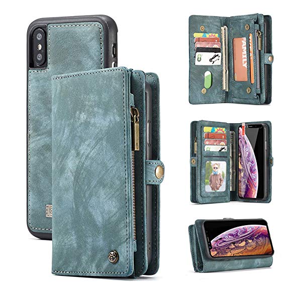 iPhone XR Wallet Case,Zttopo 2 in 1 Leather Zipper Detachable Magnetic 11 Card Slots Card Slots Money Pocket Clutch Cover with Free Screen Protector for 6.1 Inch iPhone Cases - Blue-Green