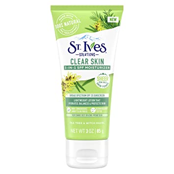 St. Ives Solutions 3-in-1 SPF 25 Moisturizer Hydrates and Balances Oily to Acne Prone Skin, Sheer SPF Clear Skin Made with 100 percent Natural Tea Tree Extract and Witch Hazel 3 oz