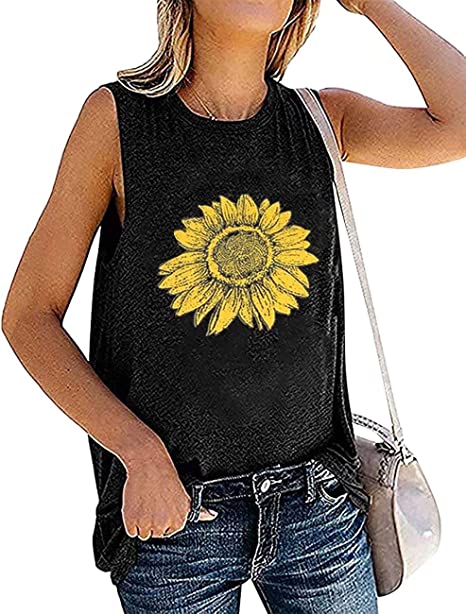FAYALEQ Sunflower Tank Top Women Summer Sunflower Graphic Tee T Shirts Vacation Beach Sleeveless Casual Vest Shirts