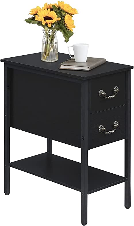 VECELO Tall End/Side Table Living Room, Modern Narrow Nightstand with Drawer for Bedroom Office Sofa Couch, Black