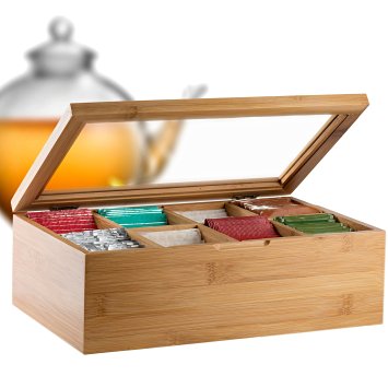 Bambüsi by Belmint 8-Compartment Tea Storage Box with Hinged Lid ✦ Crafted of 100% Natural Bamboo (Clear Lid)