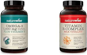 NatureWise 1000mg Omega 3 600mg EPA 400mg DHA with Vitamin E 180ct & Vitamin B Complex for Cellular Energy 60 Softgels[2-Month]