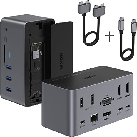 Docking Station, 18in1 USB C Docking Dtation for Windows/MacBook Pro/Air/Thunderbolt 3 Dock with SSD Enclosure 3 HDMI DP100W PD3.0 RJ45 SD/TF Card Reader Audio&Mic 5 USB Ports.