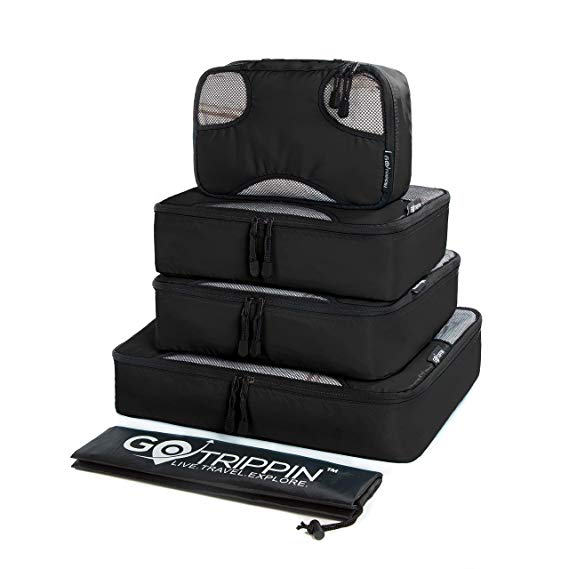 Gotrippin Packing Cubes,Travel Organizers for Men and Women, 5 pc Set (1 Large, 2 Medium and 1 Small Cube  1 Large Laundry Bag) (Black)