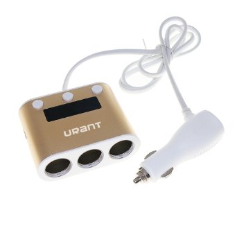 Urant Cigarette Lighter Sockets 12V/24V Quick Charge 2.0 3-Socket Car DC Power Outlet Splitter Charger with LED Display and 2 USB Ports In-car Socket Adapter for IOS Android and Other Devices (Gold)