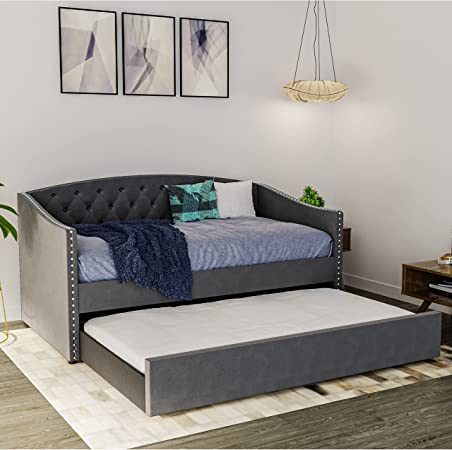 DG Casa SUVA Traditional Upholstered Daybed with Trundle Platform Frame with Diamond Button Tufting Nailhead Trim and Full Wooden Slats, Box Spring not Required-Twin Size Day Bed in Gray Fabric, Grey