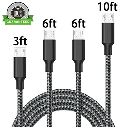 ONSON Micro USB Cable,4Pack 3FT/6FT/6FT/10FT Long Premium Nylon Braided Android Charger USB to Micro USB Charging Cable Samsung Charger Cord for Samsung Galaxy S7 Edge/S7/S6/S4/S3,Note 5/4-BlackWhite