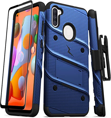 ZIZO Bolt Series Samsung Galaxy A11 Case with Screen Protector Kickstand Holster Lanyard - Blue & Black