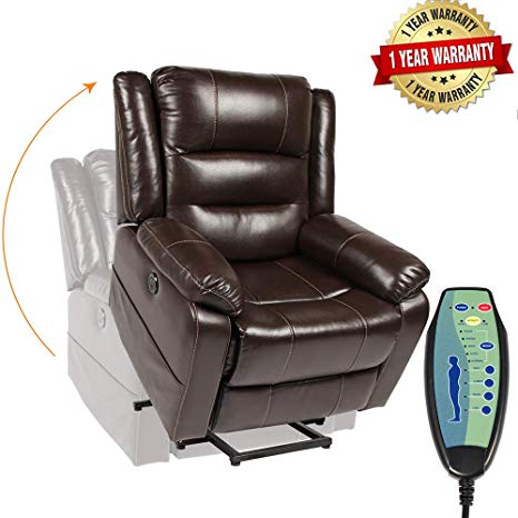 PieDle Electric Power Lift Recliner Chair, Leather Recliners for Elderly, Home Sofa Chairs with Heat & Massage, Remote Control, 3 Positions, 2 Side Pockets and USB Ports, Brown
