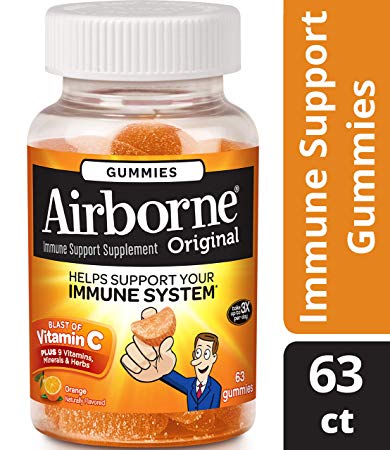 Airborne Immune Support Blast of Vitamin C Orange Gummies- 1000 mg of Vitamin C, Immune Support From Echinacea & Ginger With Zinc, Selenium, Manganese, and Magnesium, 63 Count (Pack of 3)