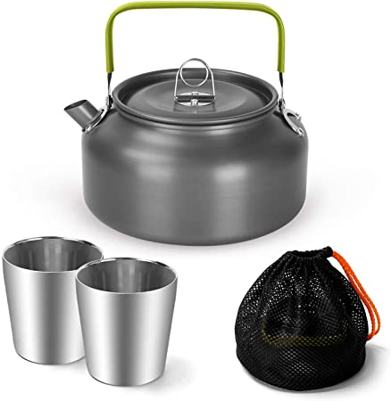 Odoland 1.2L Camping Kettle Set with 2 Cups, Lightweight Aluminum Camp Tea Coffee Pot with 2 Stainless Steel Cups for Hiking, Backpacking, Camping and Picnic, Carrying Bag Included