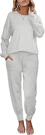 Ekouaer Women's 2 Piece Lounge Set Long Sleeve Knit Pajamas Sweatsuit Jogger Pant Outfits With Pockets S-XXL