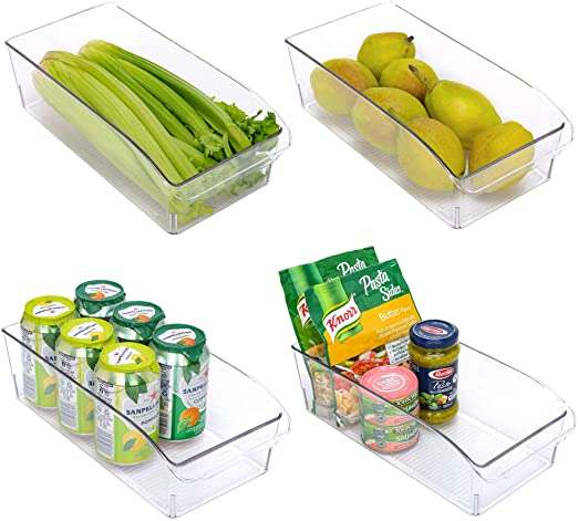 StorageWorks Medium Fridge Organizer Bins, Clear Plastic Storage Bins with The Easy-Grip Handle for Freezer and Pantry, Refrigerator Organizer Bins, BPA-Free, 12.2" L × 5.9" W × 3.6" H, 4-Pack