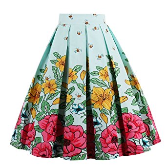 Girstunm Women's Pleated Vintage Skirt Floral Print A-Line Midi Skirts With Pockets