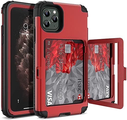WeLoveCase iPhone 11 Pro Wallet Case Defender Wallet Card Holder Cover with Hidden Mirror Three Layer Shockproof Heavy Duty Protection All-Round Armor Protective Case for iPhone 11 Pro Red