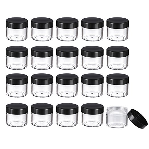 Hicarer 20 Pieces Round Pot Jars Plastic Cosmetic Containers Set with Black Lid for Liquid Creams Sample, 20 Gram