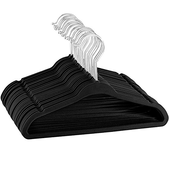 ZOBER Baby Velvet Hangers - Premium Quality, Space Saving, Strong and Durable - Perfectly Sized For Babies 0-48 months - 11" wide - Ultra Thin Non-Slip Hangers 360 Chrome Swivel Hook [60pack] Black