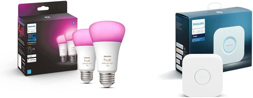 Philips Hue 2-Pack White and Color A19 Medium Lumen Smart Bulb & Smart Hub (Compatible with Alexa Apple HomeKit and Google Assistant), White Ambiance, Hue Hub