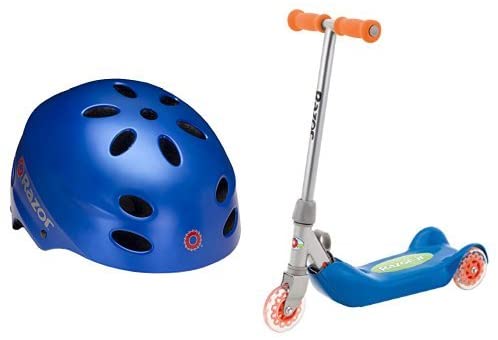 Razor V-17 Child Multi-Sport Helmet, Satin Blue and Razor Jr. Folding Kiddie Kick Scooter - Blue Bundle