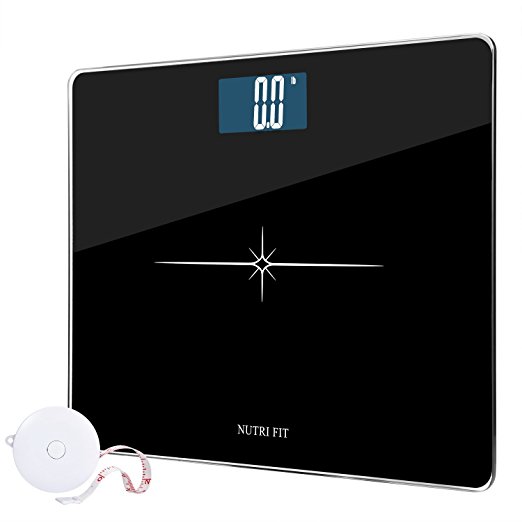 Digital Body Weight Bathroom Scale with Body Tape Measure from NUTRI FIT,Step-on Technology,Tempered Glass and Large Easy Read Backlit LCD Display 400 Pounds Black