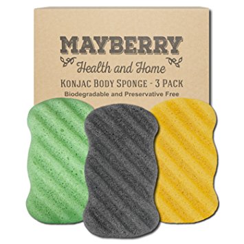 Konjac Sponge with Bamboo Charcoal, Green Tea, and Turmeric (3 Pack) 100% Natural Charcoal, Green Tea, and Turmeric Body Sponges