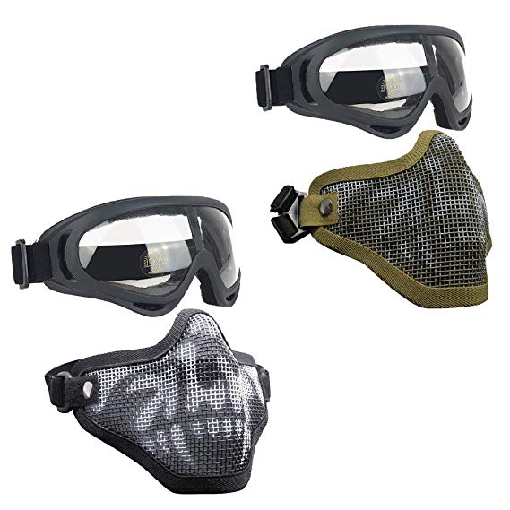 Infityle Airsoft Masks - Half Metal Steel Mesh Face Mask Military Style Comfortable Adjustable and UV400 Goggles Set for Hunting, Paintball, Shooting