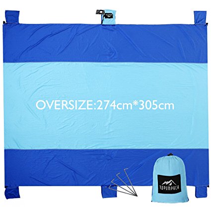 Oversize Sand Free Compact Lightweight Beach Blanket (9' X 10'), Durable Outdoor Soft Picnic Mat with Four Stakes and Sand Anchors, Made of 100%Parachute Nylon …