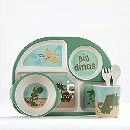 ICYCHEER 5 Pcs Kid's Dinnerware Set Bamboo Durable Toddler Dinner Set Safe Feeding Set for Children, Boys and Girls (dinosaur)