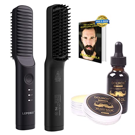 Beard Straightener Heated Beard Brush,Ionic Hair Beard Straightener Brush w/Free Beard Growth Oil/Beard Balm/E-Book Men Hair Straightener Beard Comb Beard Grooming kit for men Dad Him