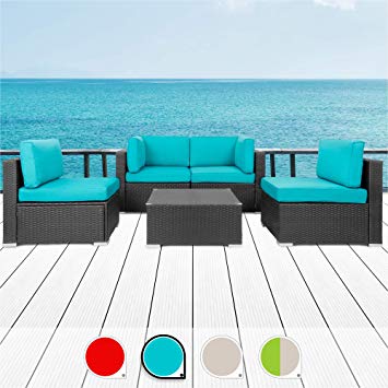 Walsunny 5pcs Patio Outdoor Furniture Sets,All-Weather Rattan Sectional Sofa with Tea Table&Washable Couch Cushions (Black Rattan) (Blue)