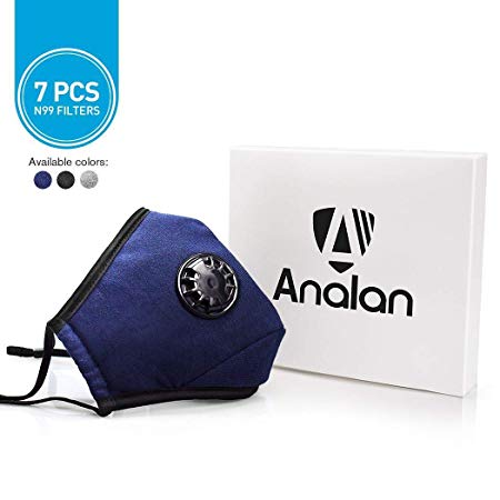 ANALAN Anti Dust Pollution Mask N99 Washable Mask Filter Air Masks for Smoke Protection Allergies Pollen Flu and Saw（Blue,X-Large,7PCS N99 Filters)