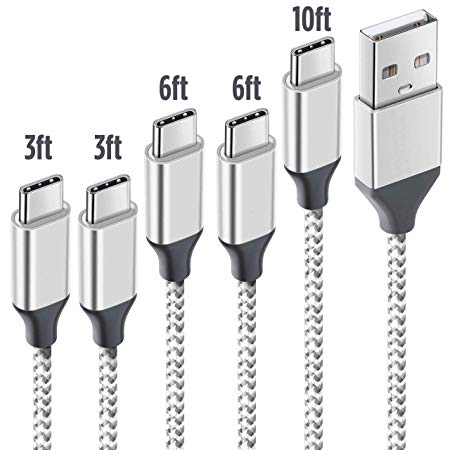 NganHing USB Type C Cable 5 Pack Type-C to USB-A Charger Nylon Braided Fast Charging Cord for Samsung Galaxy S9 S8 Note 8 Pixel Nintendo Switch LG (Silver)