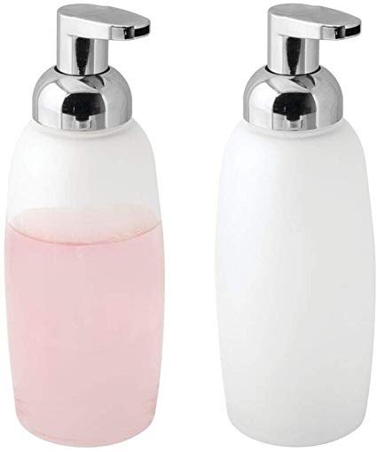 mDesign Foaming Glass Soap Dispenser Pump, for Kitchen or Bathroom Countertops - Pack of 2, Frost/Chrome
