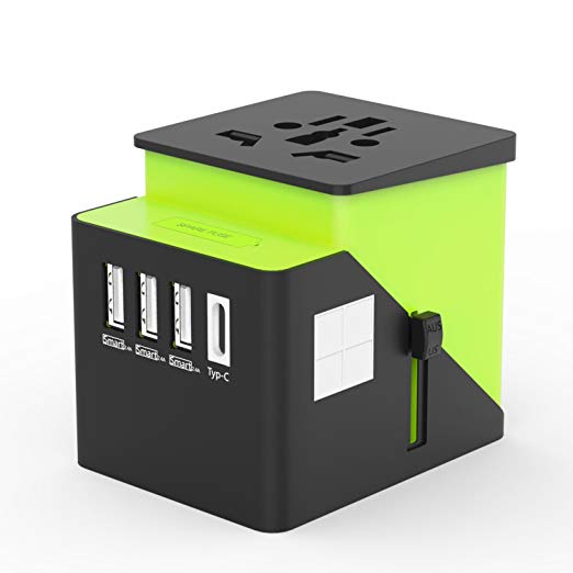 Universal Travel Adapter, International Power Adapter with 3 USB   Type-C 3.4A Charger & Worldwide AC Wall Outlet Plugs for US,EU,UK,AU 150  Countries - Built-in Spare Fuse