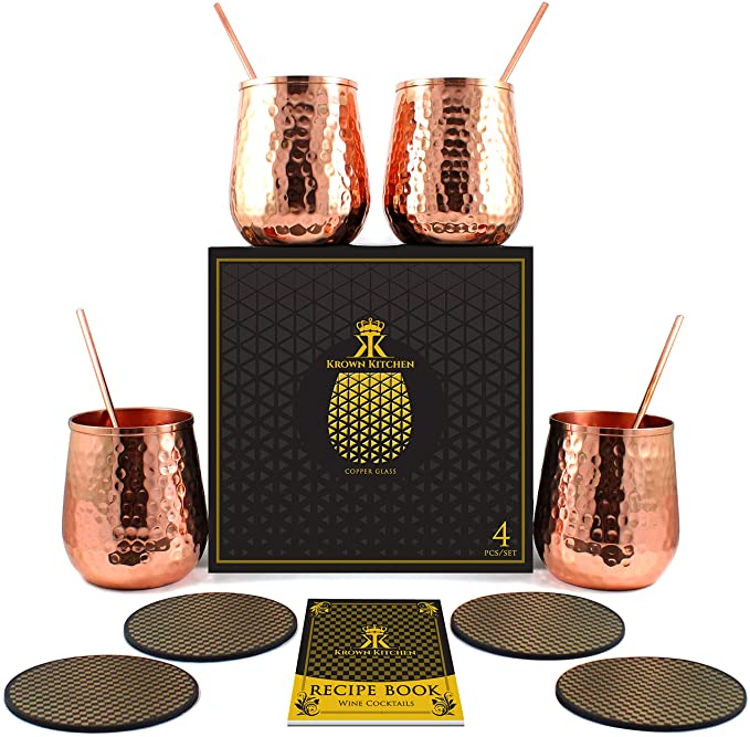 Krown Kitchen - Stemless Copper Wine Glasses Set of 4. Excellent Gift Set for Men and Women. Moscow Mule Copper Set of 4 | 16 Ounces